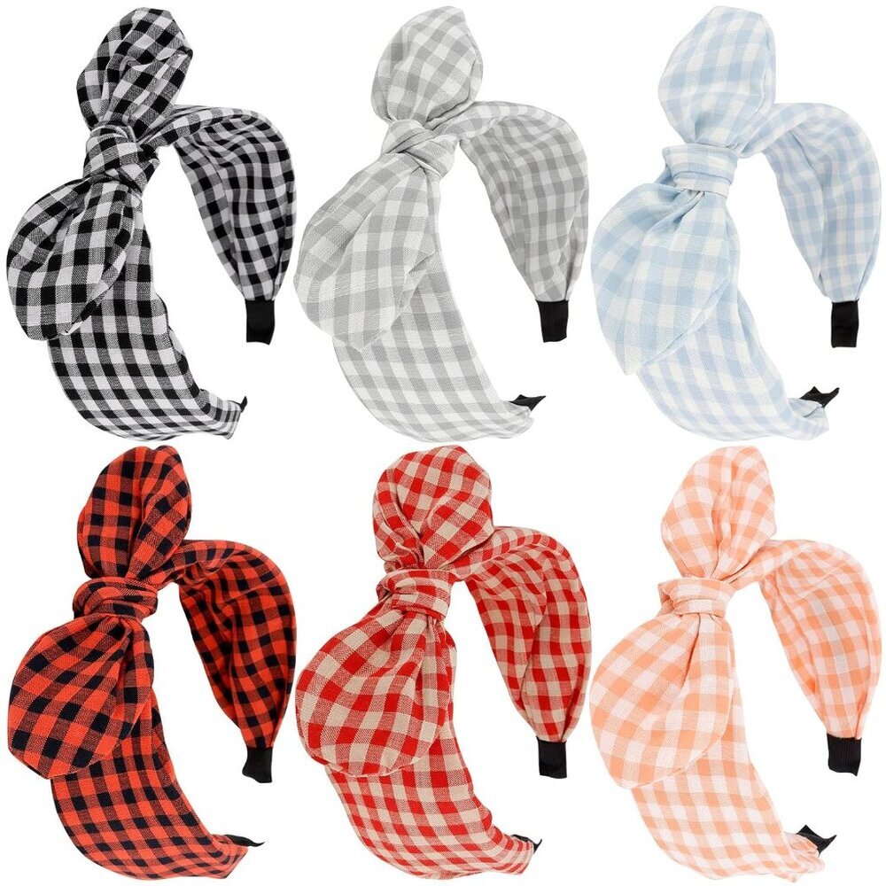 6Pcs Plaid Headbands With Bow, Cute Knotted Wide Headband, Christmas Hair Access